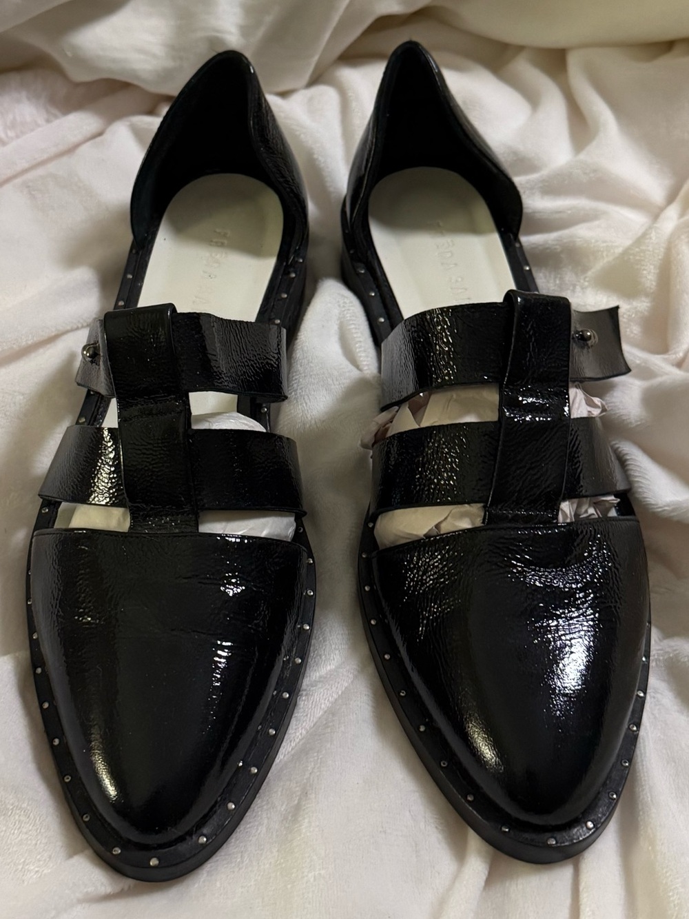 Freda Salvador Black Patent Leather Strappy Cutout Loafers
